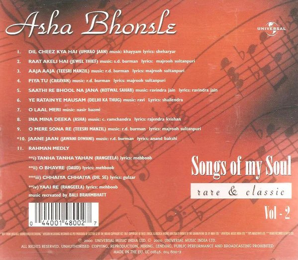 Asha Bhonsle* - Songs Of My Soul Vol. 2 - Rare And Classic (CD, Comp) - Image 2