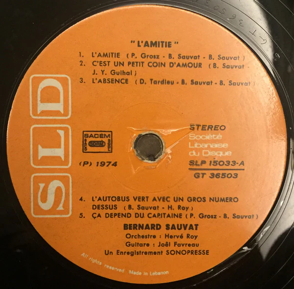 Bernard Sauvat - L'Amitié (LP, Album) - Image 3