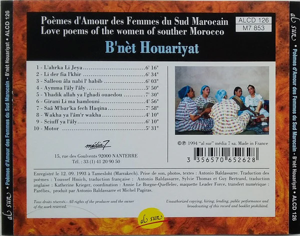 B'Net Houariyat - Poemes d'Amour des femmes du Sud Marocain (CD, Album) - Image 2