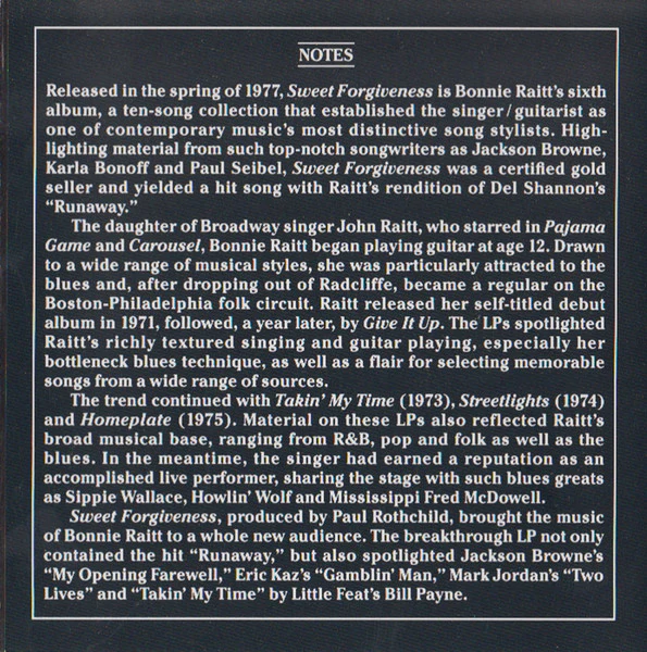 Bonnie Raitt - Sweet Forgiveness (CD, Album, RE, RM) - Image 3