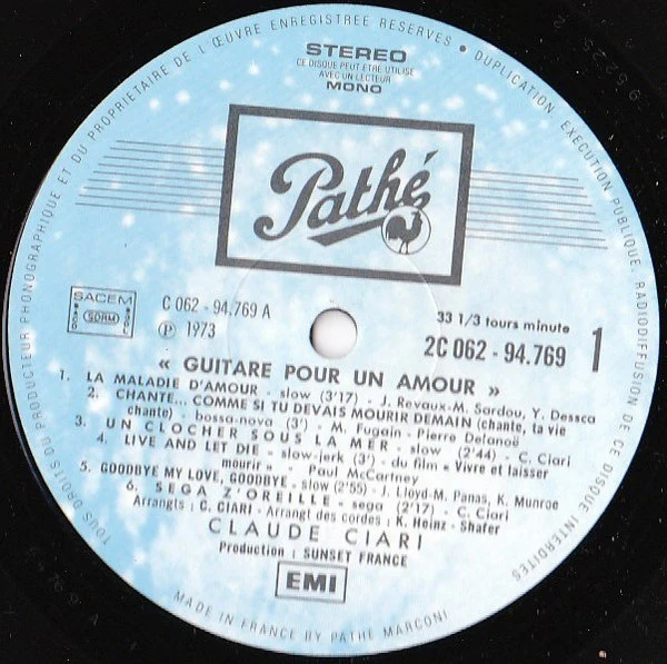 Claude Ciari - Guitare Pour Un Amour (LP, Album) - Image 3
