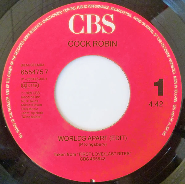 Cock Robin - Worlds Apart (7", Single) - Image 3
