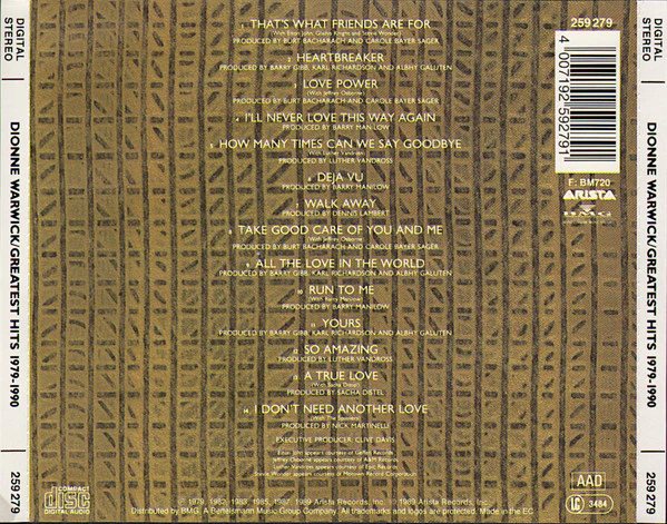 Dionne Warwick - Greatest Hits 1979-1990 (CD, Comp, RE) - Image 2
