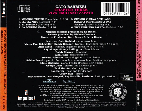 Gato Barbieri - Chapter Three - Viva Emiliano Zapata (CD, Album, RE, RM) - Image 2