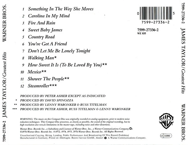 James Taylor (2) - Greatest Hits (CD, Comp, RP, Sli) - Image 2