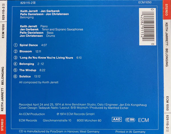 Jan Garbarek, Keith Jarrett, Palle Danielsson, Jon Christensen - Belonging (CD, Album, RE, PDO) - Image 3