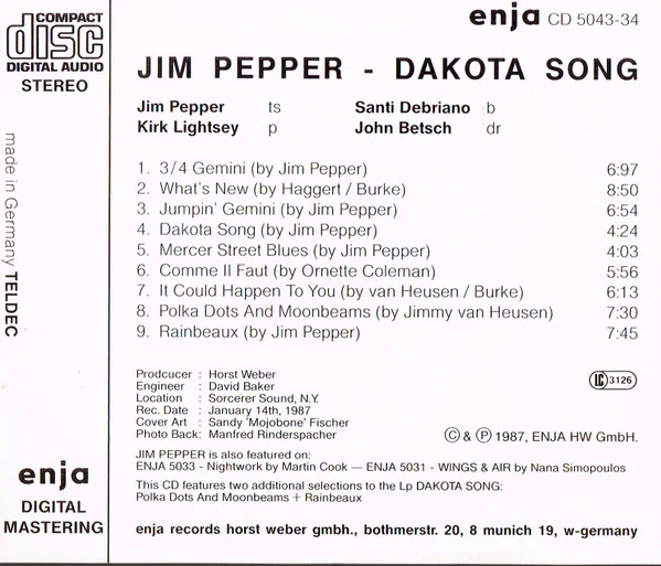 Jim Pepper - Dakota Song (CD) - Image 2