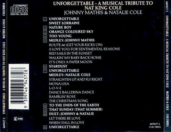 Johnny Mathis With Special Guest Natalie Cole - Unforgettable: A Musical Tribute To Nat King Cole (CD, Album, RE) - Image 2