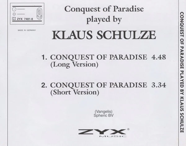 Klaus Schulze - Conquest Of Paradise (CD, Maxi) - Image 2