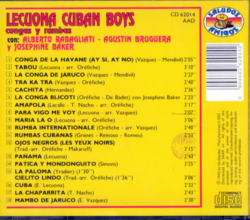 Lecuona Cuban Boys, Alberto Rabagliati, Augustin Bruguera, Josephine Baker - Congas Y Rumbas (CD, Album, Comp) - Image 2