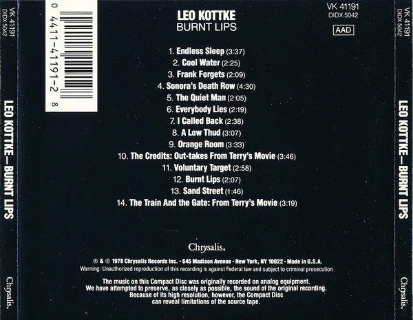 Leo Kottke - Burnt Lips (CD, Album, RE, RM) - Image 2