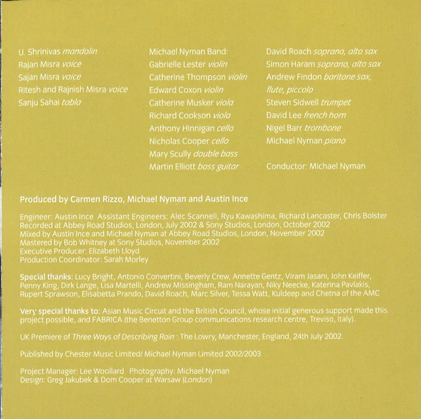 Michael Nyman, U. Shrinivas*, Rajan & Sajan Misra - Sangam (Michael Nyman Meets Indian Masters) (CD, Album) - Image 4