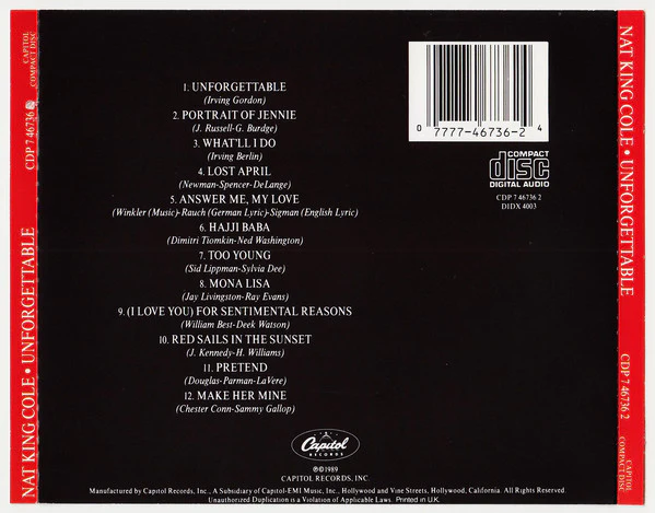 Nat King Cole - Unforgettable (CD, Album, RE) - Image 2