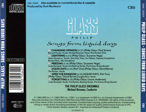 Philip Glass - Songs From Liquid Days (CD, Album, RE) - Image 3
