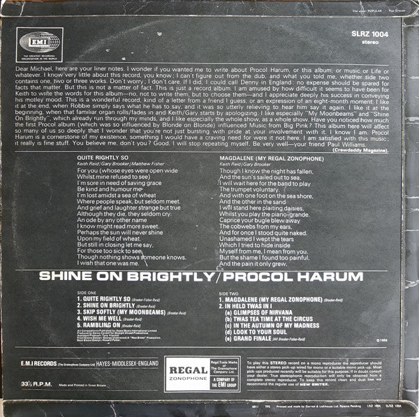 Procol Harum - Shine On Brightly (LP, Album) - Image 2