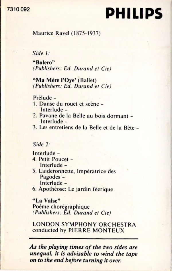 Ravel* : London Symphony Orchestra, Pierre Monteux - Bolero, "Ma Mère L'Oye" / La Valse (Cass, Album, RE, Dol) - Image 5
