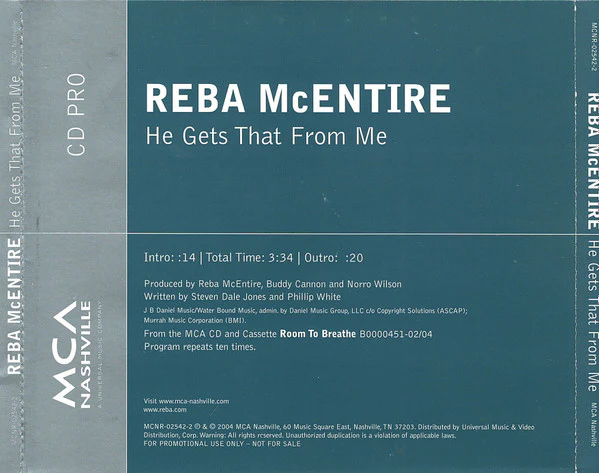 Reba McEntire - He Gets That From Me (CD, Single, Promo)