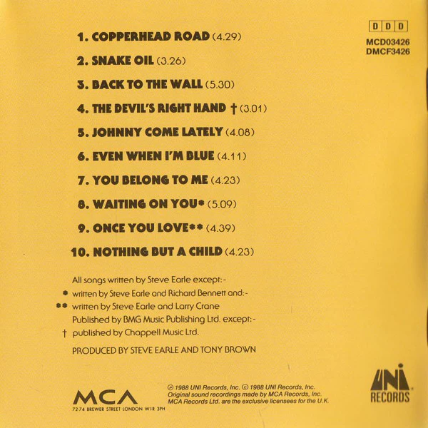 Steve Earle - Copperhead Road (CD, Album) - Image 4