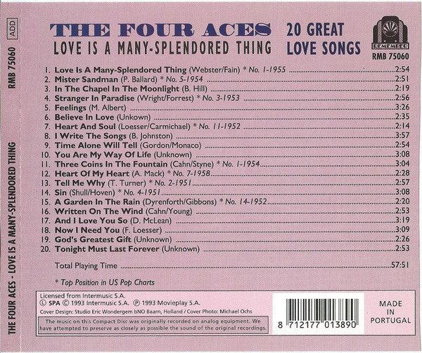 The Four Aces - 20 Great Love Songs (CD, Comp) - Image 2