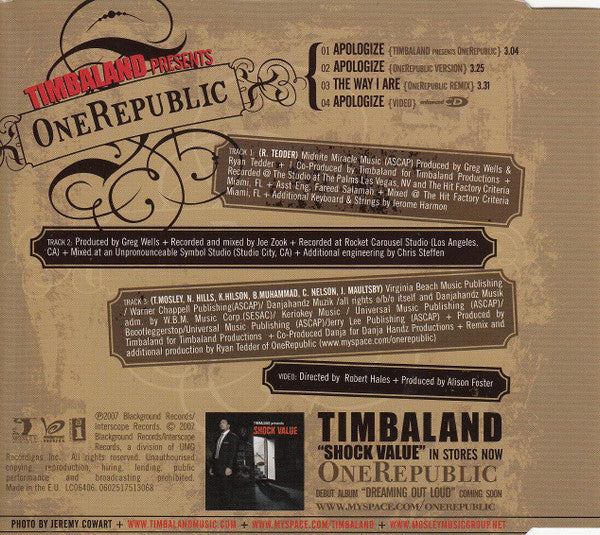 Timbaland Presents OneRepublic - Apologize (CD, Maxi, Enh) - Image 4