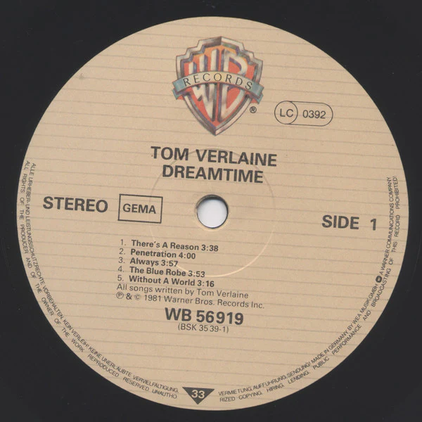 Tom Verlaine - Dreamtime (LP, Album) - Image 3