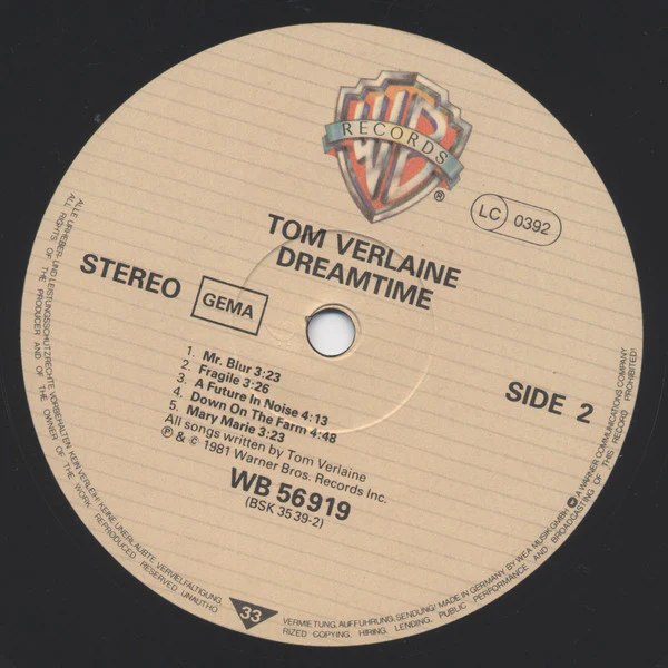Tom Verlaine - Dreamtime (LP, Album) - Image 4