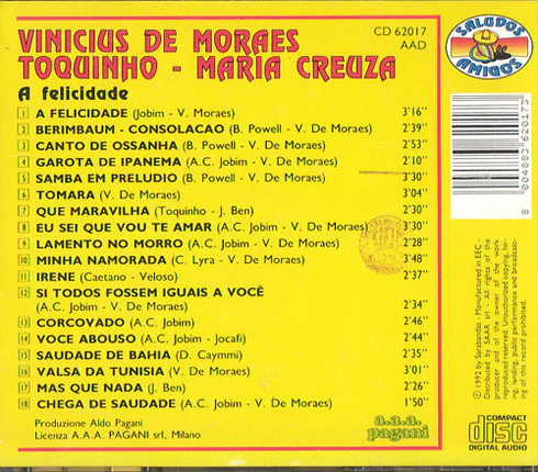 Vinicius De Moraes, Toquinho, Maria Creuza - A Felicidade (CD, Comp) - Image 2
